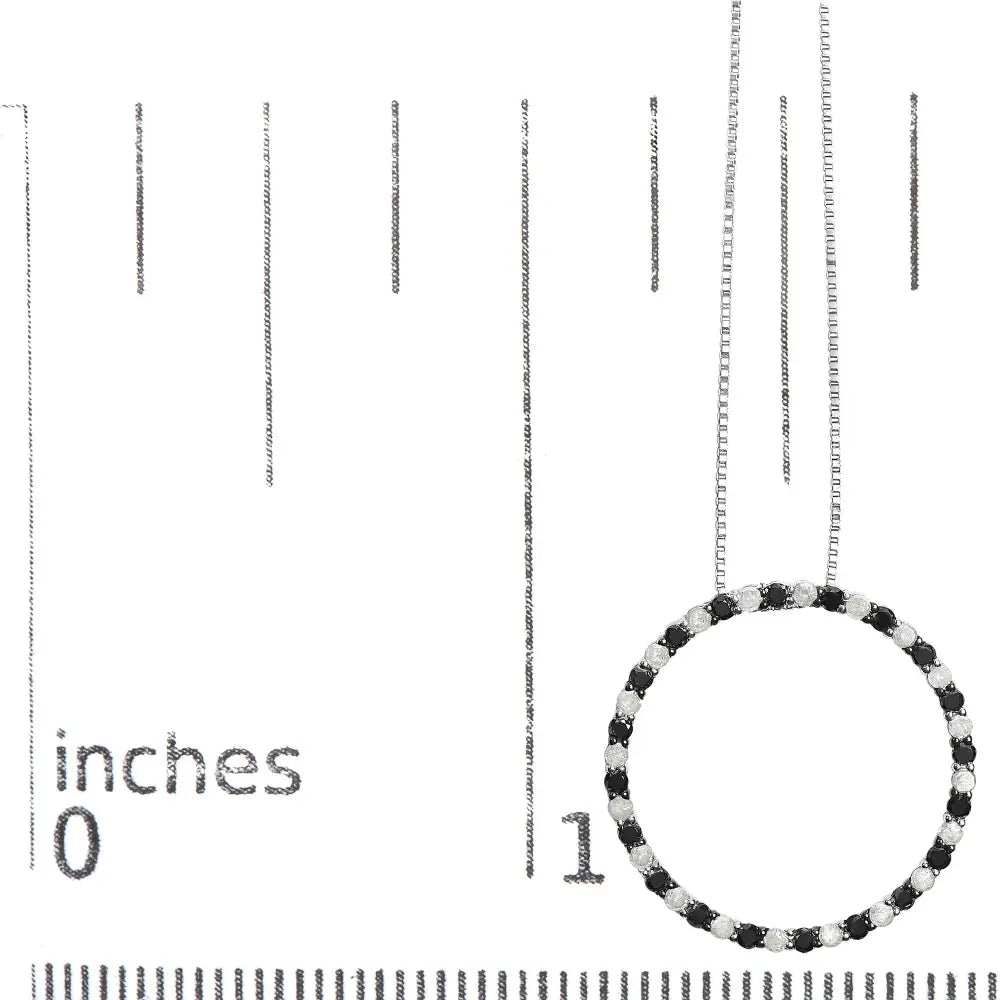 .925 sterling silver 1.0 cttw alternating black and white diamond open hoop circle pendant necklace 18’’ inches
