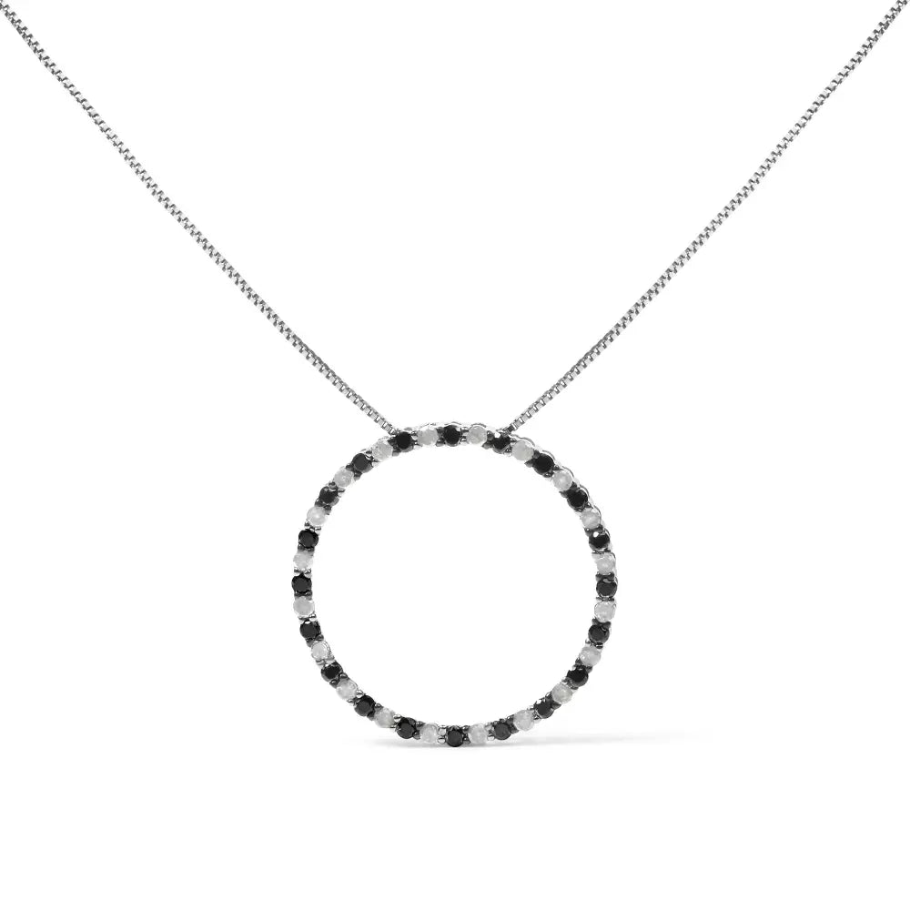 .925 sterling silver 1.0 cttw alternating black and white diamond open hoop circle pendant necklace 18’’ inches