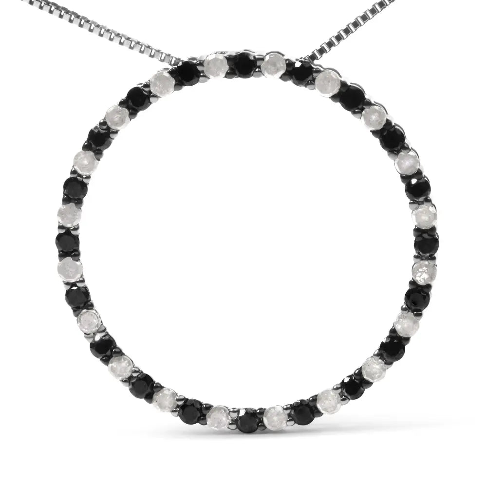 .925 sterling silver 1.0 cttw alternating black and white diamond open hoop circle pendant necklace 18’’ inches