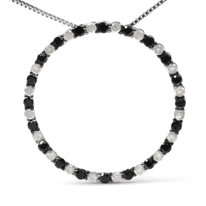 .925 sterling silver 1.0 cttw alternating black and white diamond open hoop circle pendant necklace 18’’ inches