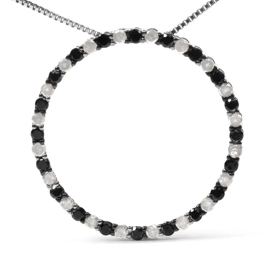 .925 sterling silver 1.0 cttw alternating black and white diamond open hoop circle pendant necklace 18’’ inches
