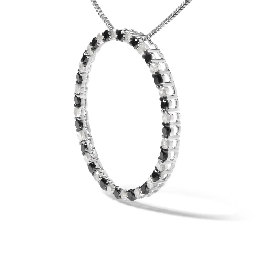 .925 sterling silver 1.0 cttw alternating black and white diamond open hoop circle pendant necklace 18’’ inches