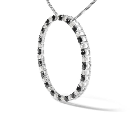 .925 sterling silver 1.0 cttw alternating black and white diamond open hoop circle pendant necklace 18’’ inches