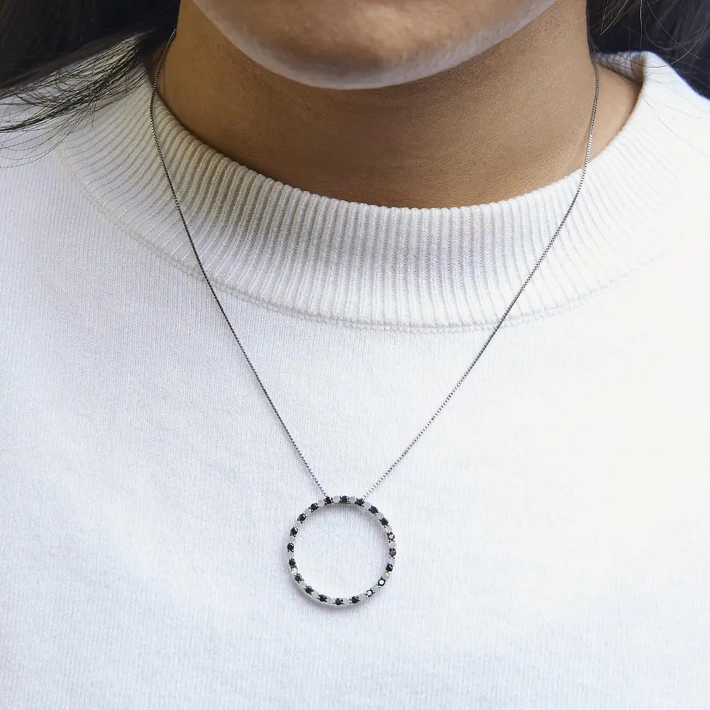 .925 sterling silver 1.0 cttw alternating black and white diamond open hoop circle pendant necklace 18’’ inches