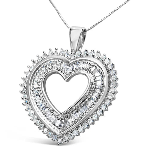 .925 sterling silver 1.0 cttw baguette and round diamond heart pendant 18’’ necklace (h-i color i3 clarity) bijoux-nyc