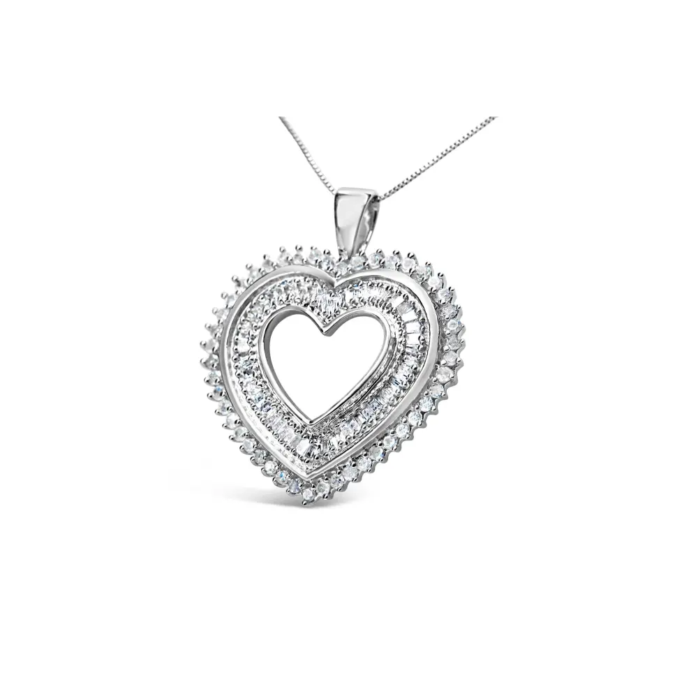 .925 Sterling Silver 1.0 Cttw Baguette and Round Diamond  Heart Pendant 18" Necklace (H-I Color, I3 Clarity) - Bijoux-NYC Direct
