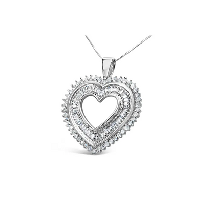 .925 Sterling Silver 1.0 Cttw Baguette and Round Diamond  Heart Pendant 18" Necklace (H-I Color, I3 Clarity) - Bijoux-NYC Direct