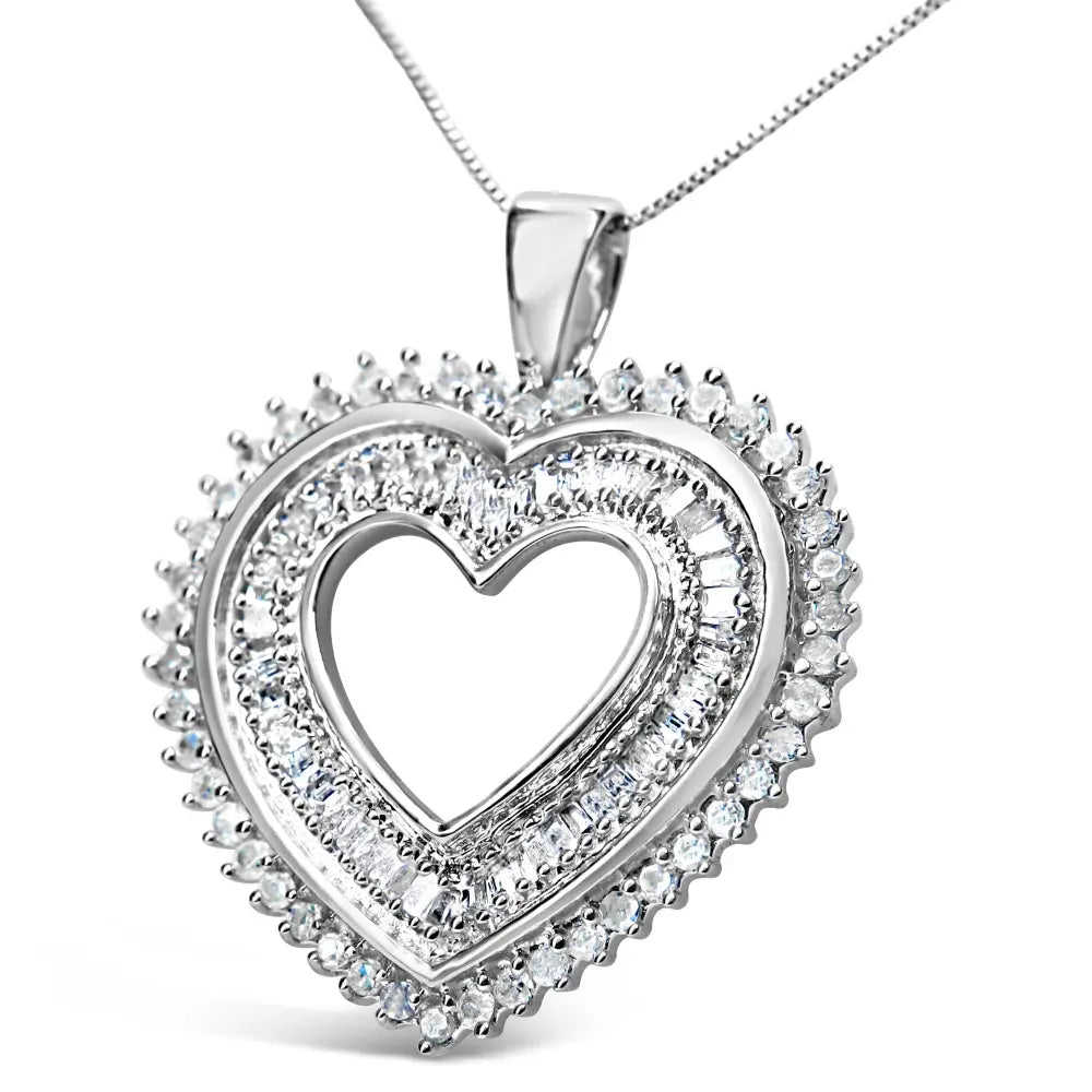 .925 Sterling Silver 1.0 Cttw Baguette and Round Diamond  Heart Pendant 18" Necklace (H-I Color, I3 Clarity) - Bijoux-NYC Direct