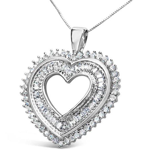 .925 Sterling Silver 1.0 Cttw Baguette and Round Diamond  Heart Pendant 18" Necklace (H-I Color, I3 Clarity) - Bijoux-NYC Direct
