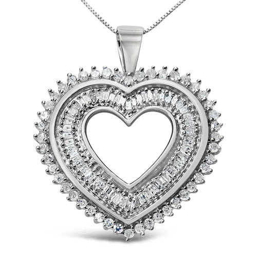.925 sterling silver 1.0 cttw baguette and round diamond heart pendant 18’’ necklace (h-i color i3 clarity) bijoux-nyc