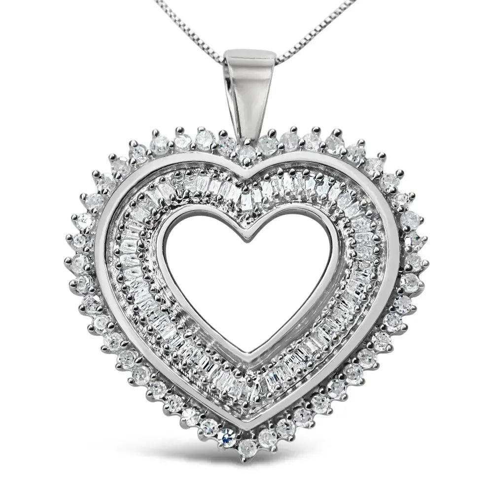 .925 Sterling Silver 1.0 Cttw Baguette and Round Diamond Heart Pendant 18