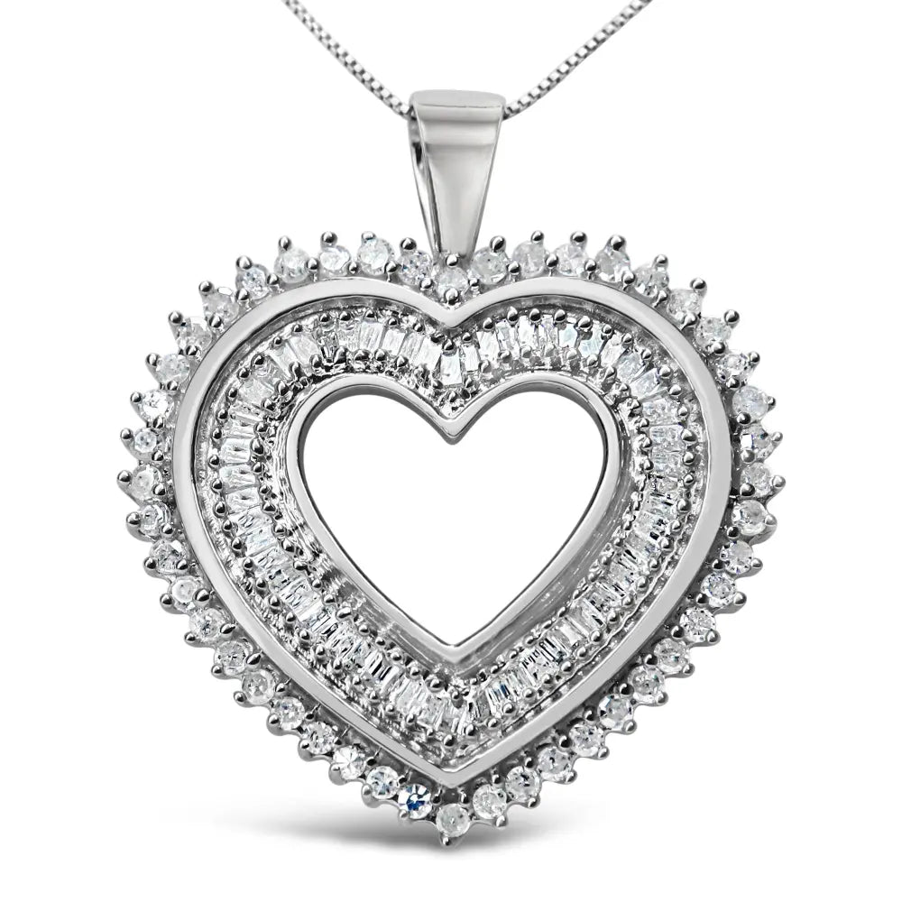 .925 Sterling Silver 1.0 Cttw Baguette and Round Diamond  Heart Pendant 18" Necklace (H-I Color, I3 Clarity) - Bijoux-NYC Direct