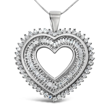 .925 Sterling Silver 1.0 Cttw Baguette and Round Diamond  Heart Pendant 18" Necklace (H-I Color, I3 Clarity) - Bijoux-NYC Direct