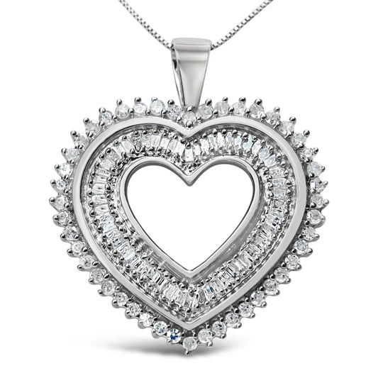 .925 Sterling Silver 1.0 Cttw Baguette and Round Diamond  Heart Pendant 18" Necklace (H-I Color, I3 Clarity) - Bijoux-NYC Direct