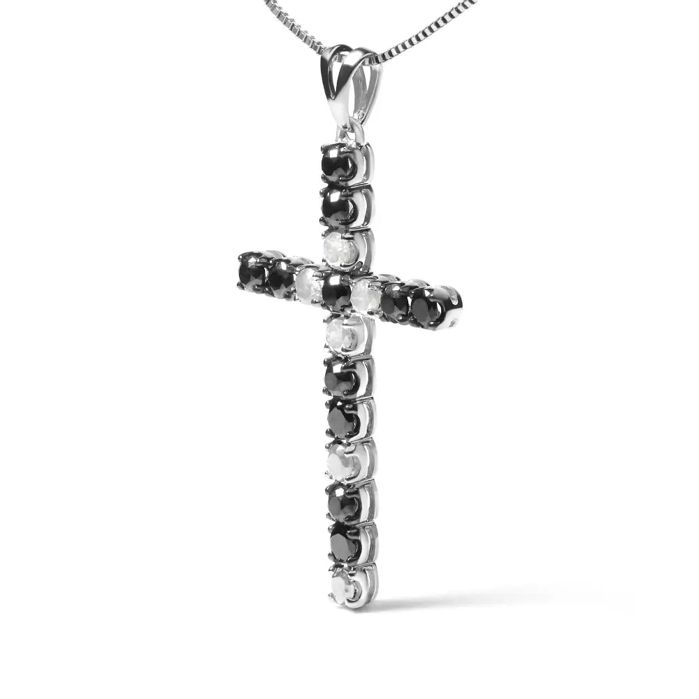.925 sterling silver 1.0 cttw black and white diamond alternating classic cross 18’’ pendant necklace (black/i j color i3