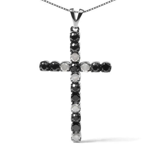 .925 sterling silver 1.0 cttw black and white diamond alternating classic cross 18’’ pendant necklace (black/i j color i3