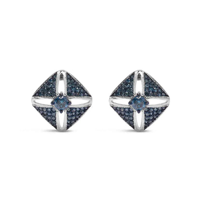.925 Sterling Silver 1.0 Cttw Blue Diamond Studded Rhombus Stud Earring (Blue Color, I2-I3 Clarity) - Bijoux-NYC Direct