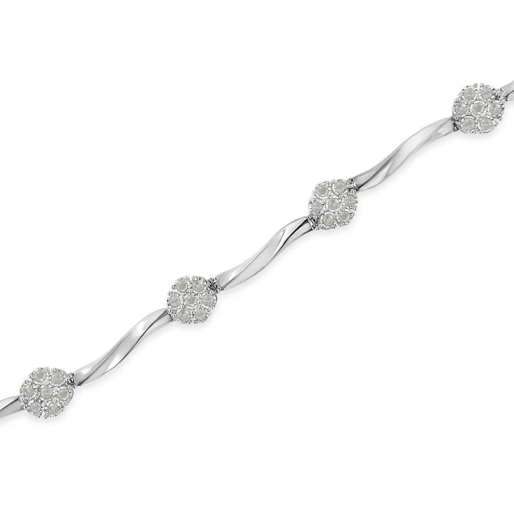 .925 Sterling Silver 1.0 Cttw Diamond Cluster Miracle-Set Station & Twisted Bar 7" Tennis Bracelet (H-I Color, I1-I2 Clarity) - Bijoux-NYC Direct