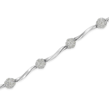 .925 Sterling Silver 1.0 Cttw Diamond Cluster Miracle-Set Station & Twisted Bar 7" Tennis Bracelet (H-I Color, I1-I2 Clarity) - Bijoux-NYC Direct