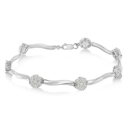 .925 Sterling Silver 1.0 Cttw Diamond Cluster Miracle-Set Station & Twisted Bar 7" Tennis Bracelet (H-I Color, I1-I2 Clarity) - Bijoux-NYC Direct