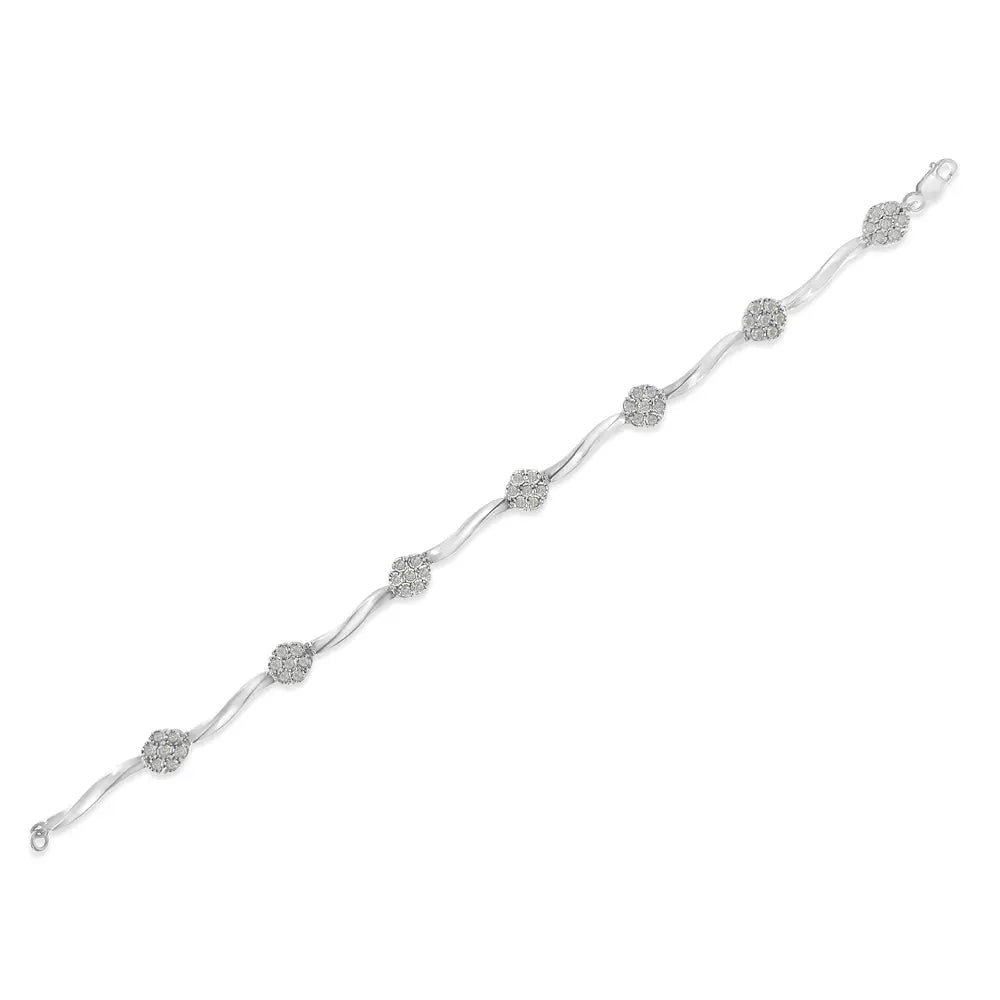 .925 Sterling Silver 1.0 Cttw Diamond Cluster Miracle-Set Station & Twisted Bar 7" Tennis Bracelet (H-I Color, I1-I2 Clarity) - Bijoux-NYC Direct
