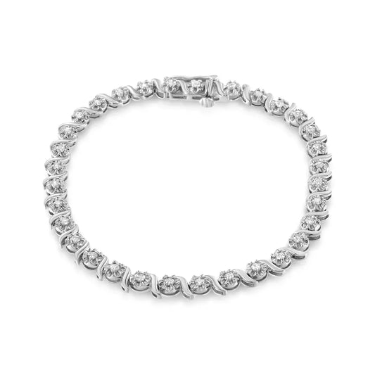 .925 sterling silver 1.0 cttw diamond spiral wave curved link 7’’ tennis bracelet (i j color i3 clarity) bracelets/bracelet/link