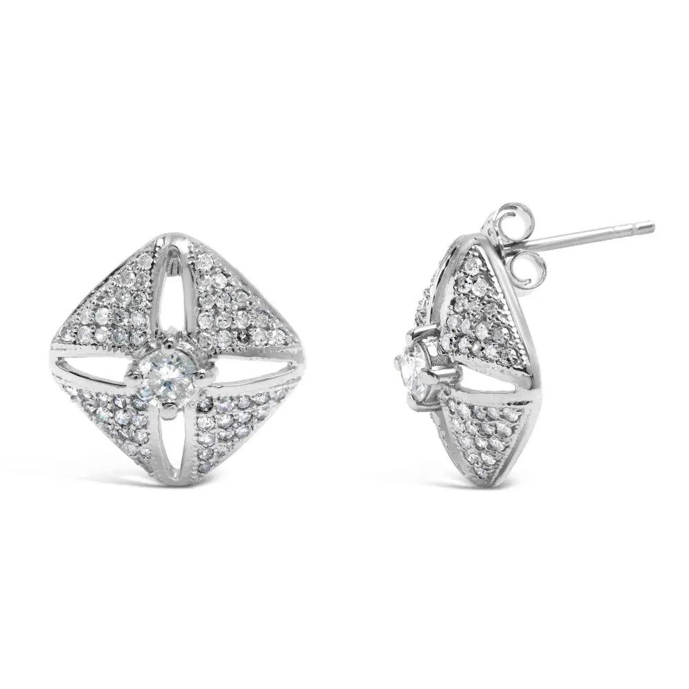 .925 Sterling Silver 1.0 Cttw Diamond Studded Rhombus Stud Earring (H-I Color, I2-I3 Clarity) - Bijoux-NYC Direct