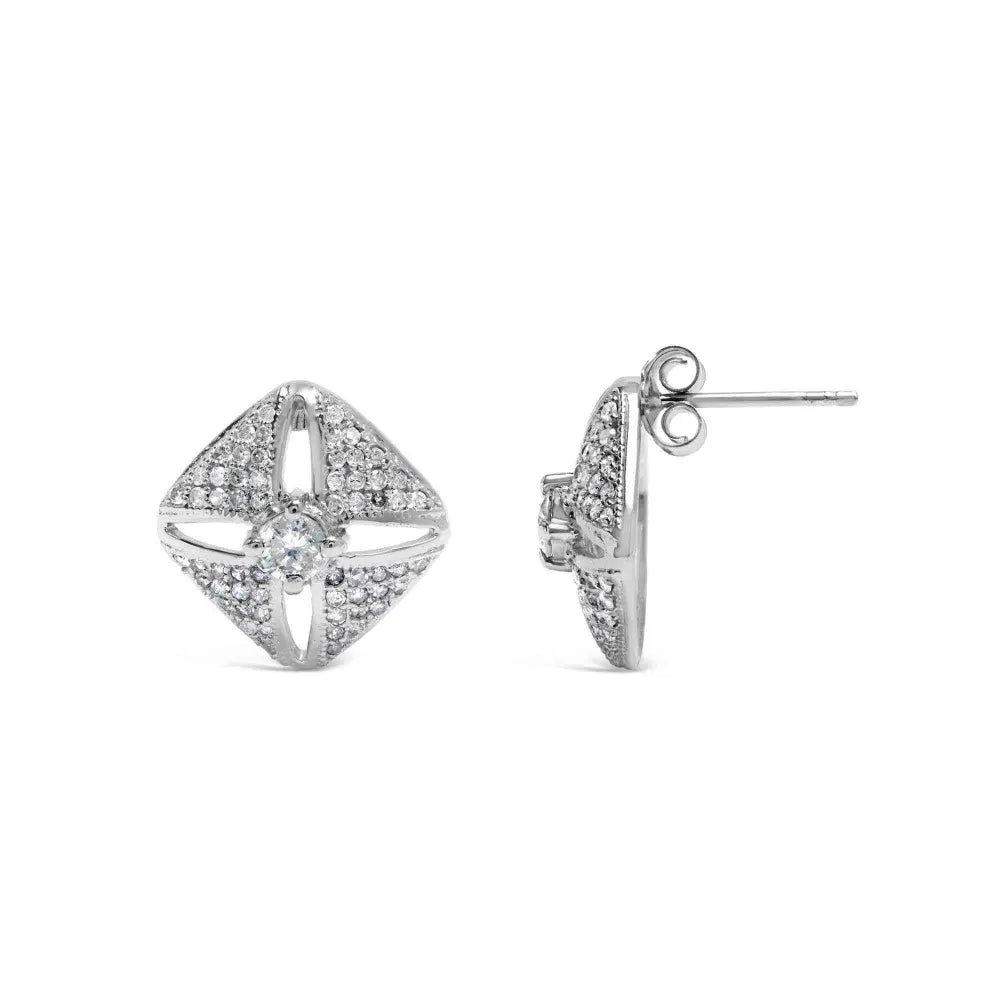 .925 Sterling Silver 1.0 Cttw Diamond Studded Rhombus Stud Earring (H-I Color, I2-I3 Clarity) - Bijoux-NYC Direct