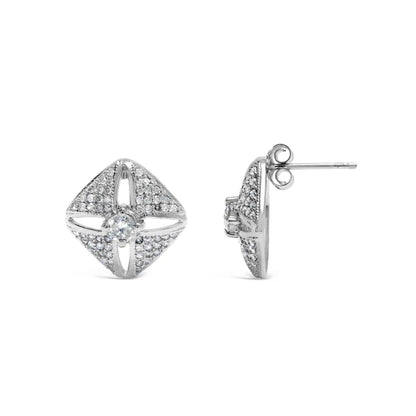 .925 Sterling Silver 1.0 Cttw Diamond Studded Rhombus Stud Earring (H-I Color, I2-I3 Clarity) - Bijoux-NYC Direct
