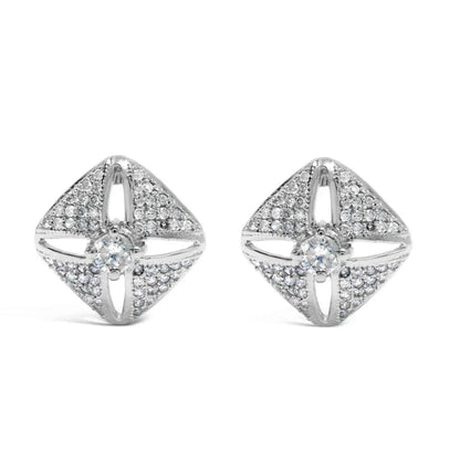 .925 Sterling Silver 1.0 Cttw Diamond Studded Rhombus Stud Earring (H-I Color, I2-I3 Clarity) - Bijoux-NYC Direct