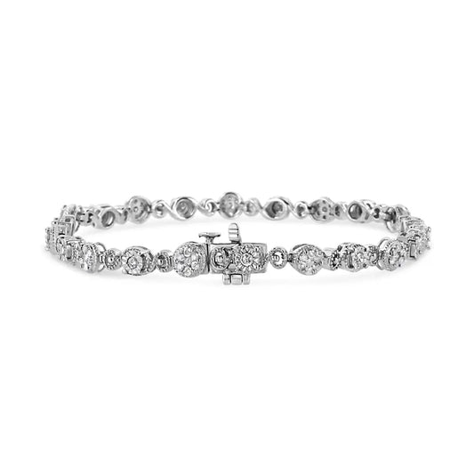 .925 Sterling Silver 1.0 Cttw Diamond Swirl Beaded Link Bracelet (I-J Color, I3-Promo Clarity) - 7.25" Inches - Bijoux-NYC Direct