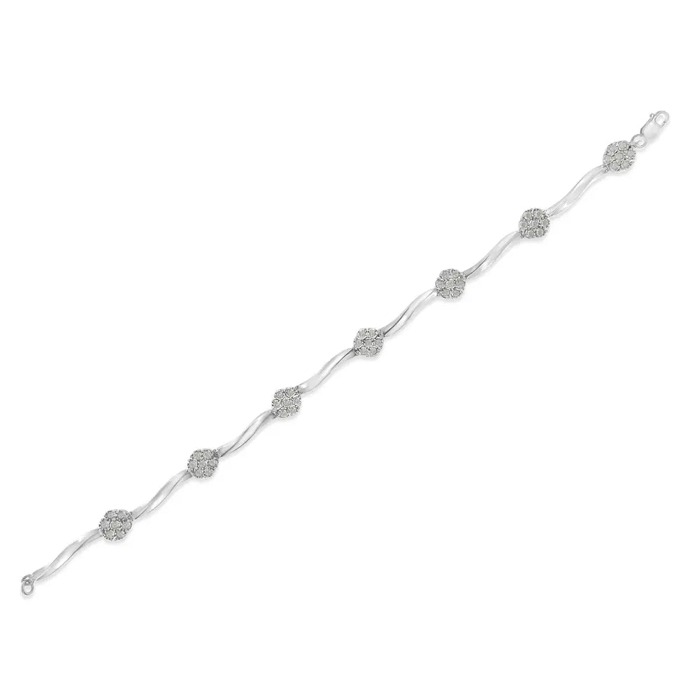Sterling silver 1.0 cttw diamond floral cluster link bracelet 7 inch bijoux-nyc direct