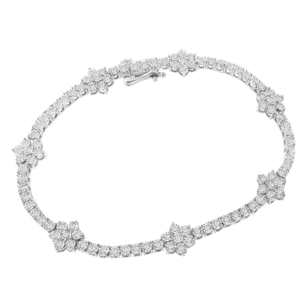 Sterling silver 1.0 cttw diamond floral station tennis bracelet 7.5 inch bijoux-nyc direct