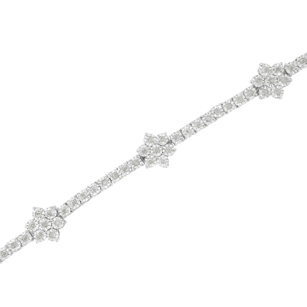 .925 Sterling Silver 1.0 cttw Miracle-Set Diamond Floral Station Tennis Bracelet (I-J Color, I3 Clarity) - 7-1/2" - Bijoux-NYC Direct