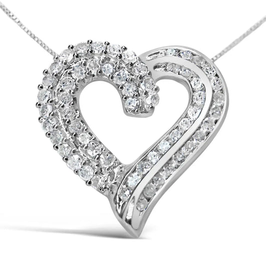 .925 Sterling Silver 1.0 Cttw Prong & Channel-Set Diamond Open work Ribbon Heart Pendant 18" Necklace (I-J Color, I3 Clarity) - Bijoux-NYC Direct