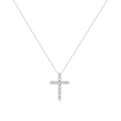 .925 Sterling Silver 1.0 Cttw Prong Set Round-Cut Diamond Cross 18" Pendant Necklace (I-J Color, I2-I3 Clarity) - Bijoux-NYC Direct