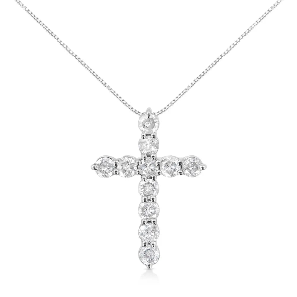 .925 Sterling Silver 1.0 Cttw Prong Set Round-Cut Diamond Cross 18" Pendant Necklace (I-J Color, I2-I3 Clarity) - Bijoux-NYC Direct