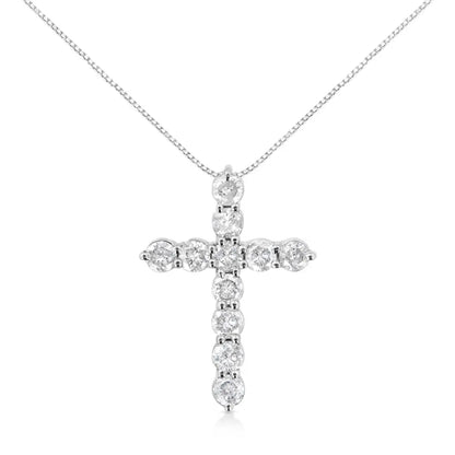 .925 Sterling Silver 1.0 Cttw Prong Set Round-Cut Diamond Cross 18" Pendant Necklace (I-J Color, I2-I3 Clarity) - Bijoux-NYC Direct
