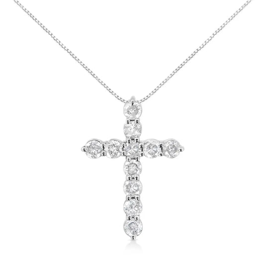 .925 Sterling Silver 1.0 Cttw Prong Set Round-Cut Diamond Cross 18" Pendant Necklace (I-J Color, I2-I3 Clarity) - Bijoux-NYC Direct