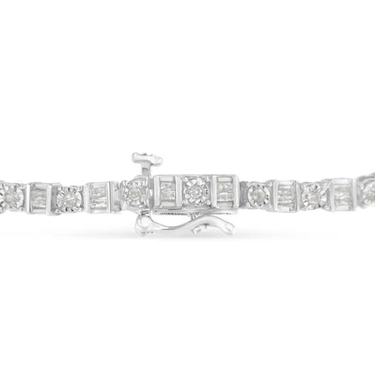 .925 sterling silver 1.0 cttw round & baguette cut diamond 7’’ alternating and square station tennis bracelet (i j color i3