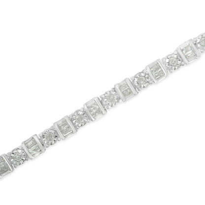 .925 sterling silver 1.0 cttw round & baguette cut diamond 7’’ alternating and square station tennis bracelet (i j color i3