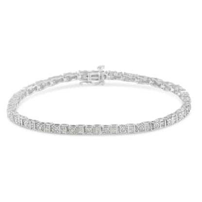 .925 sterling silver 1.0 cttw round & baguette cut diamond 7’’ alternating and square station tennis bracelet (i j color i3