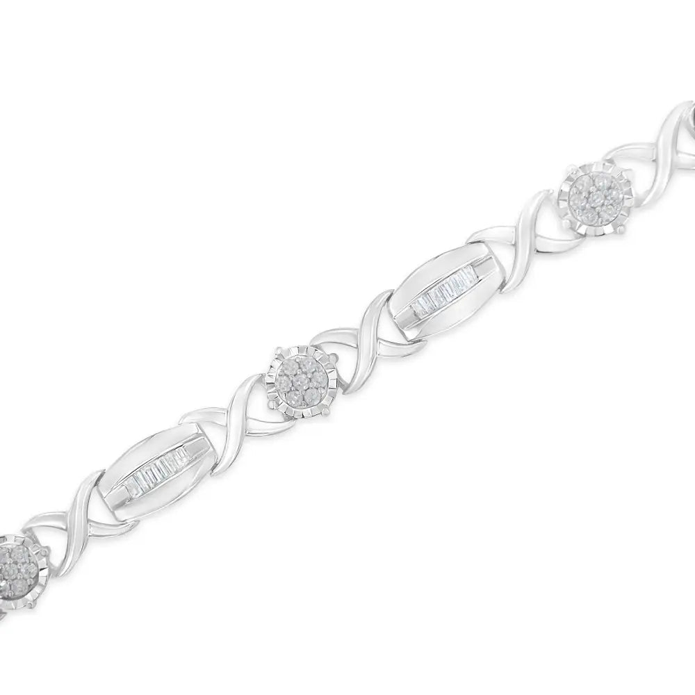 1.0 cttw round and baguette diamond x-link sterling silver 7-inch bracelet bijoux-nyc direct