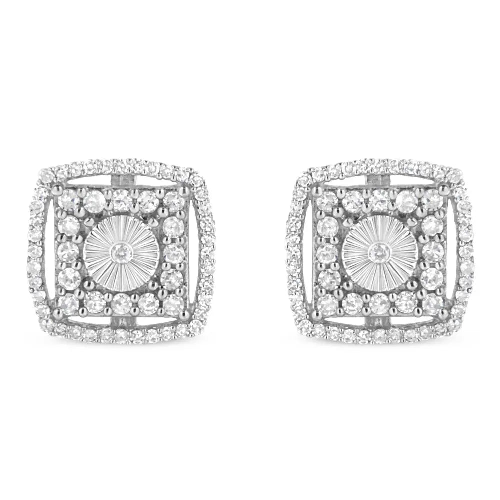 .925 Sterling Silver 1.0 Cttw Round Diamond Double Halo and Disc Stud Earring (I-J Color, I2-I3 Clarity) - Bijoux-NYC Direct