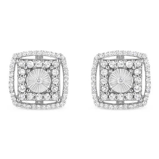 .925 Sterling Silver 1.0 Cttw Round Diamond Double Halo and Disc Stud Earring (I-J Color, I2-I3 Clarity) - Bijoux-NYC Direct