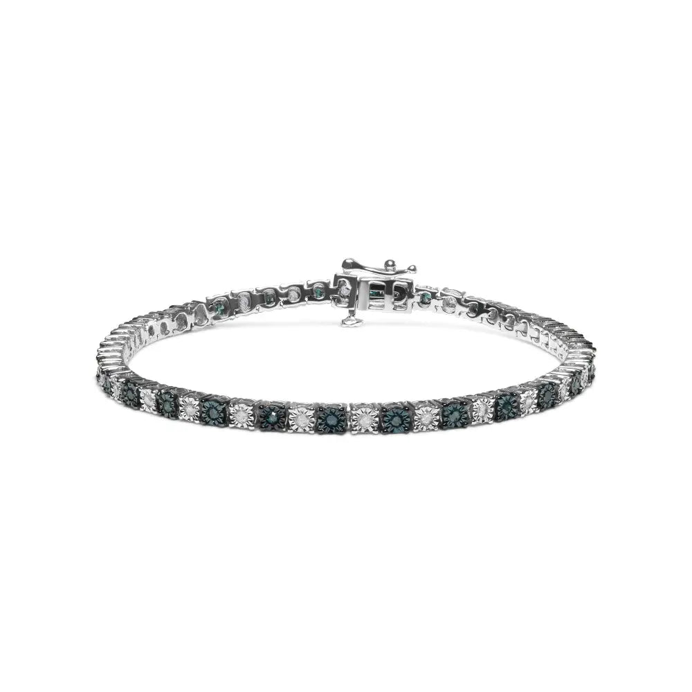 .925 Sterling Silver 1.0 Cttw with Alternating Round White Diamond and Round Treated Blue Diamond Tennis Bracelet (Blue and I-J Color, I3 Clarity) - Size 7" Inches - Bijoux-NYC Direct