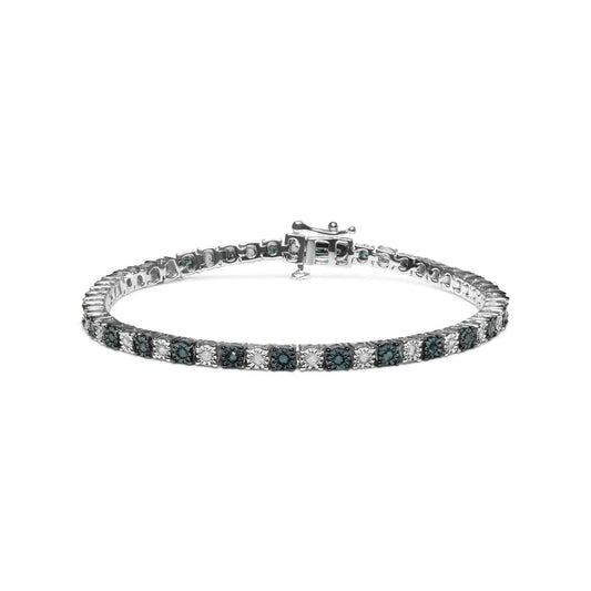 .925 Sterling Silver 1.0 Cttw with Alternating Round White Diamond and Round Treated Blue Diamond Tennis Bracelet (Blue and I-J Color, I3 Clarity) - Size 7" Inches - Bijoux-NYC Direct