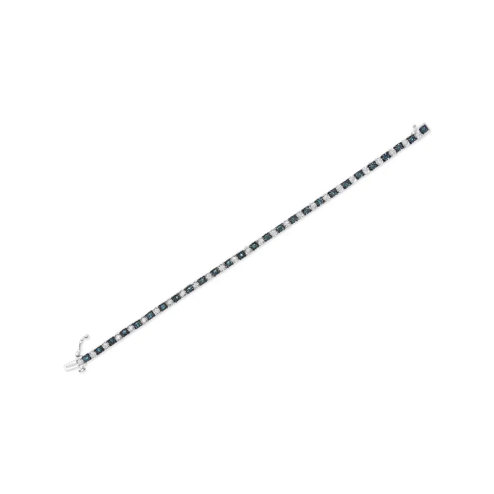 .925 Sterling Silver 1.0 Cttw with Alternating Round White Diamond and Round Treated Blue Diamond Tennis Bracelet (Blue and I-J Color, I3 Clarity) - Size 7" Inches - Bijoux-NYC Direct