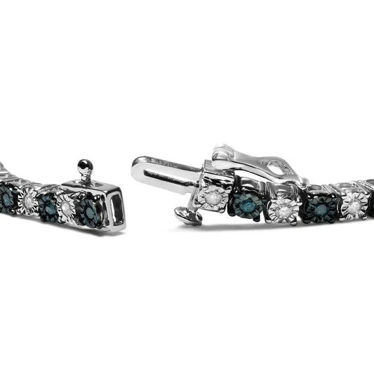 .925 Sterling Silver 1.0 Cttw with Alternating Round White Diamond and Round Treated Blue Diamond Tennis Bracelet (Blue and I-J Color, I3 Clarity) - Size 7" Inches - Bijoux-NYC Direct