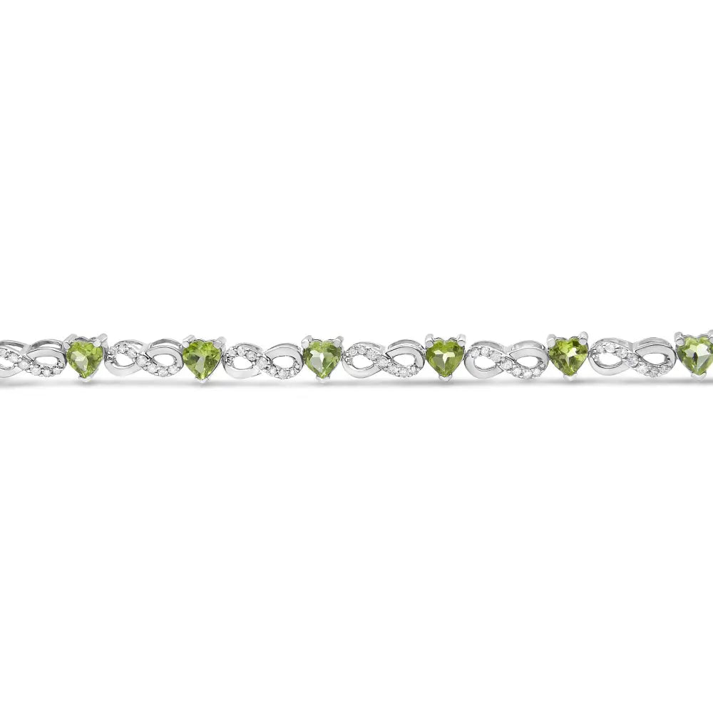Sterling silver 1ctw diamond and heart lab peridot infinity bracelet 7.25 bijoux-nyc direct